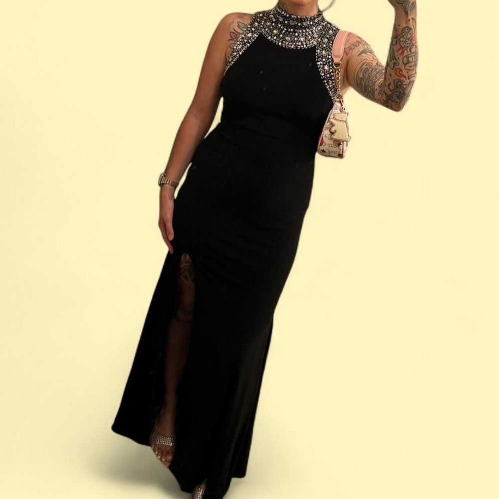 Betsy & Adam Elegant Black Beaded Trim Gown w/High Leg Slit